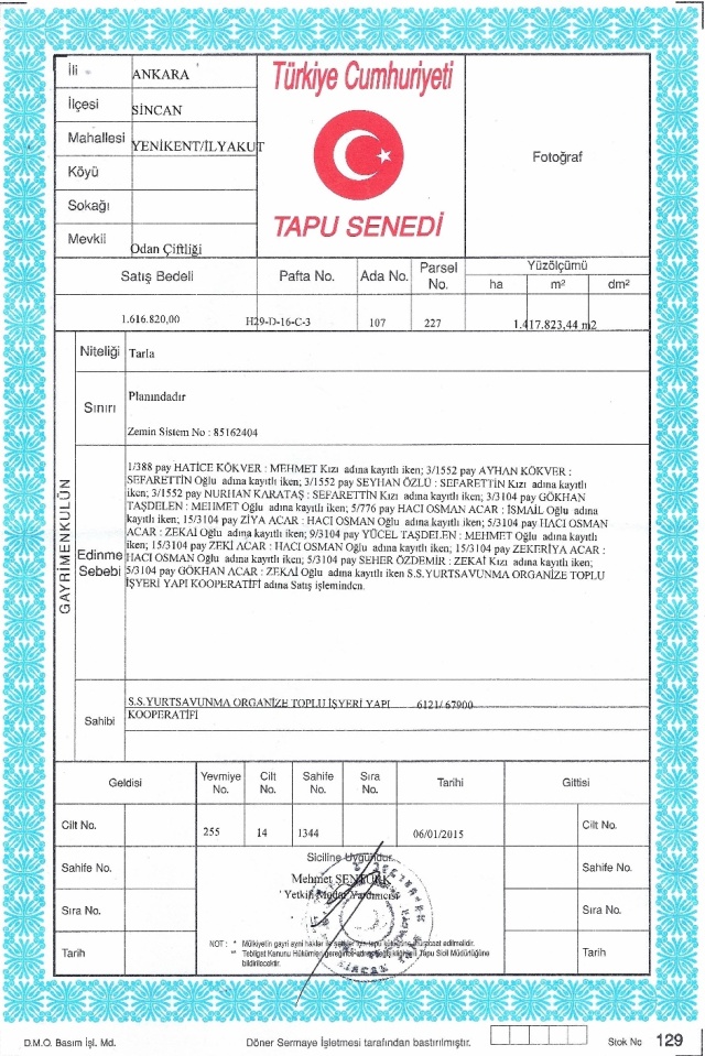 S.S.Yurtsavunma Organize Toplu İşyeri Yapı Kooperatifi - Tapu Ocak 2015